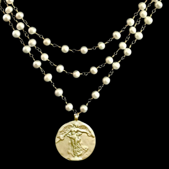 Petite Peace Angel Trinity Freshwater Pearl Necklace - Gold