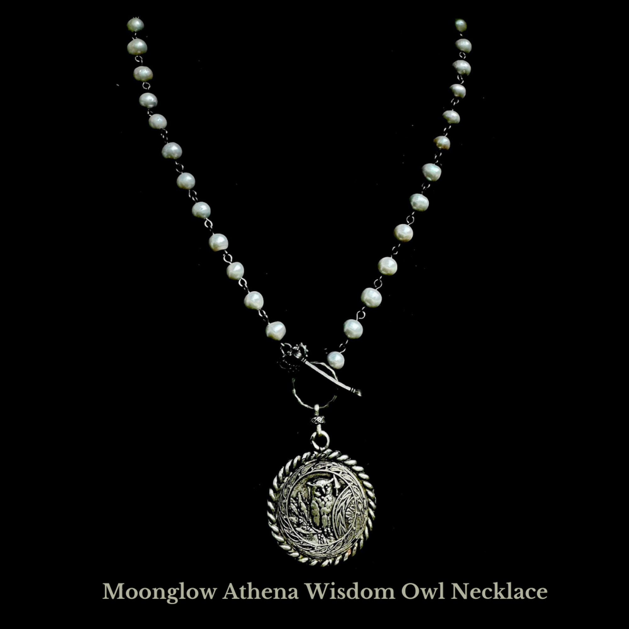 Moonglow Freshwater Pearl Goddess Athena & Wisdom Owl Medallion Chain Necklace  in Silver