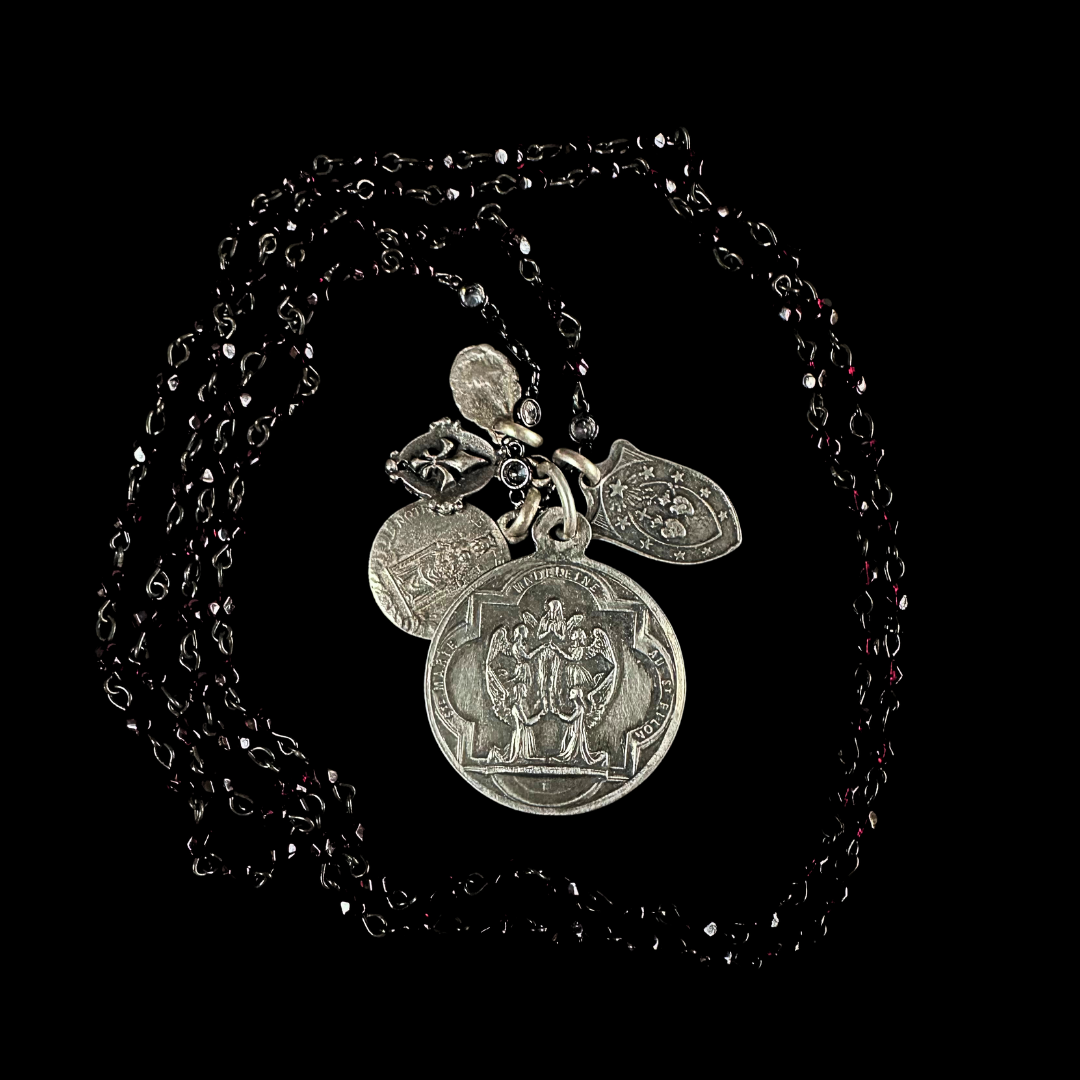 Bellatrix Mystical Mary Magdalene  Prayer Mantle Garnet & Gunmetal Necklace