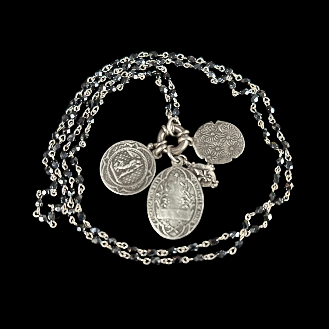 Bellatrix Madonna Peaceful Dove Prayer Mantle Necklace - Hematite