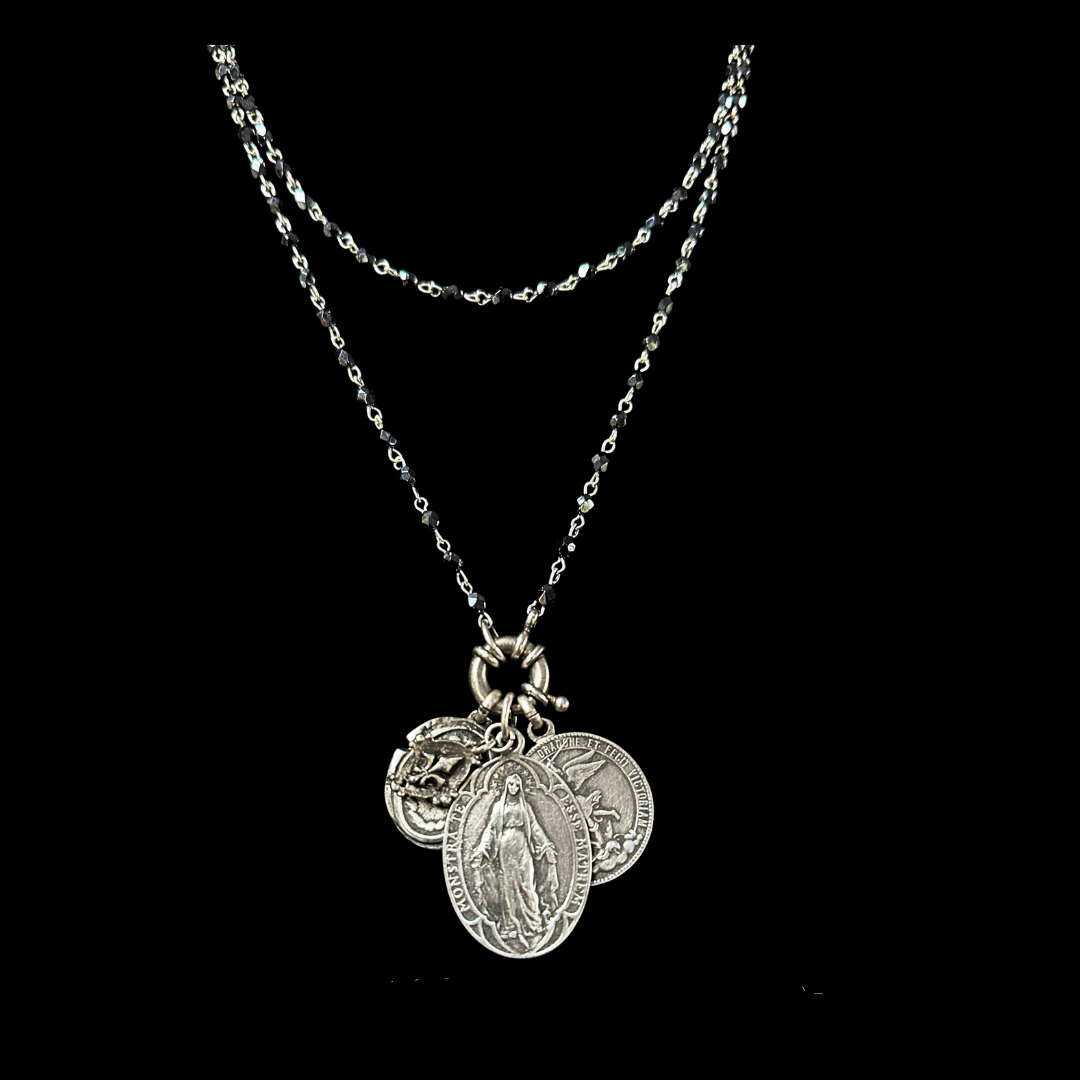 Bellatrix Madonna Peaceful Dove Prayer Mantle Necklace - Hematite & Silver