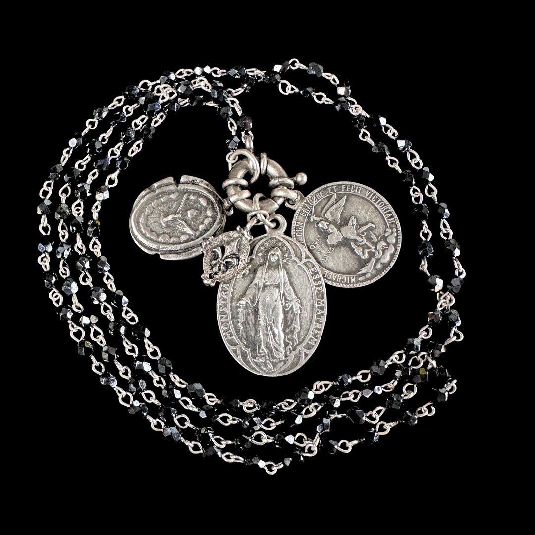Bellatrix Madonna Peaceful Dove Prayer Mantle Necklace - Hematite & Silver