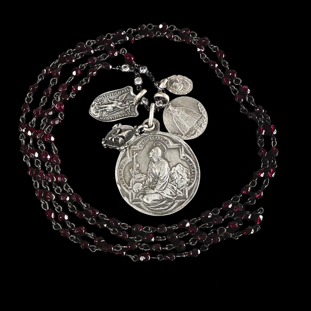 Bellatrix Mystical Mary Magdalene  Prayer Mantle Garnet & Gunmetal Necklace
