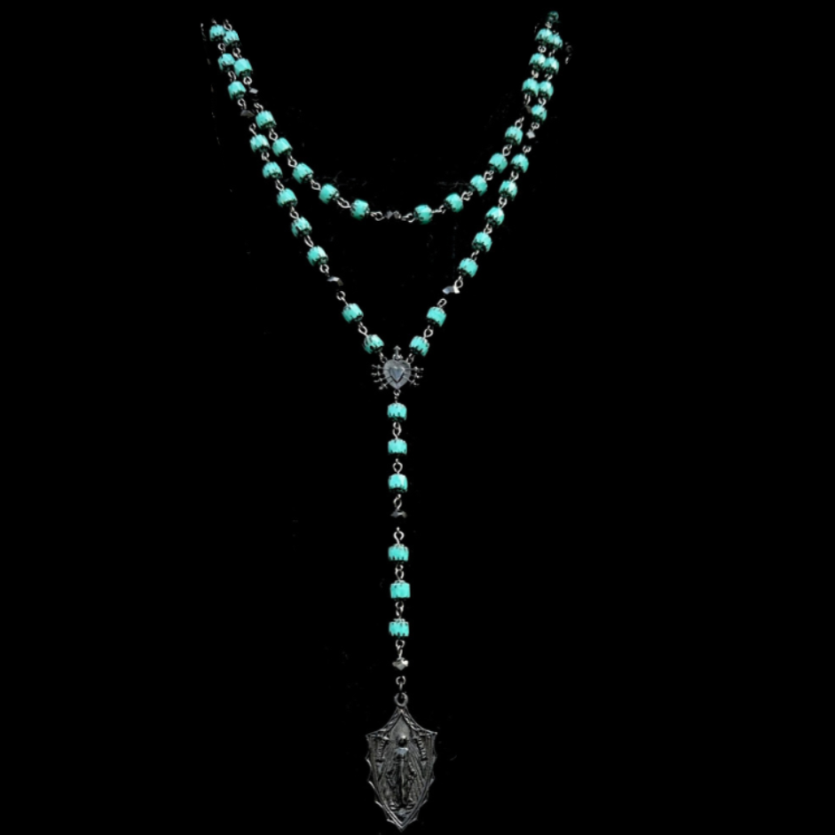 Black Madonna  Seven Swords Drop Necklace in Turquoise Cathedral Beads by Whispering Goddess