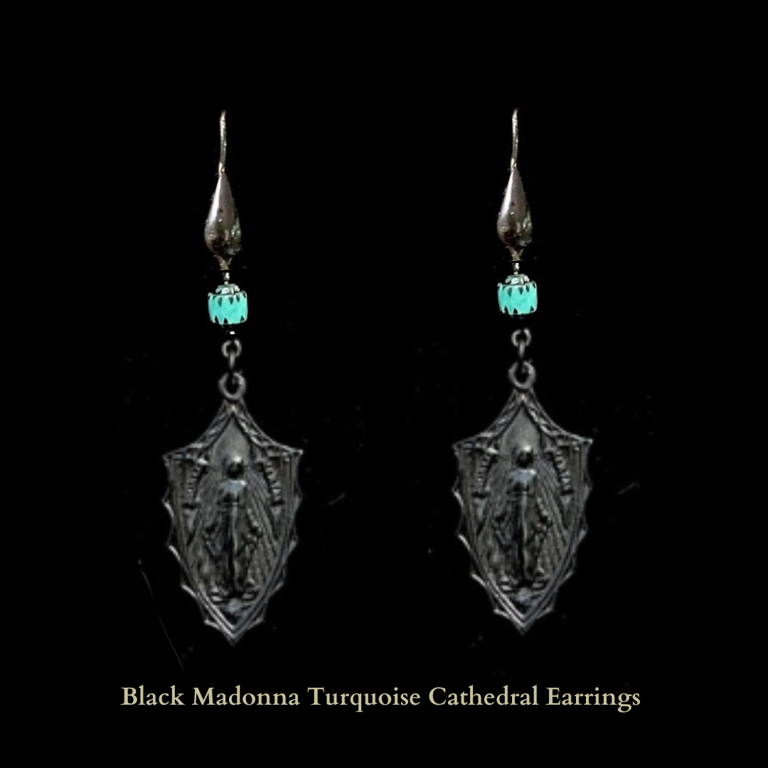 Black Madonna Earrings with Turquoise Cathedral Beads and Gunmetal