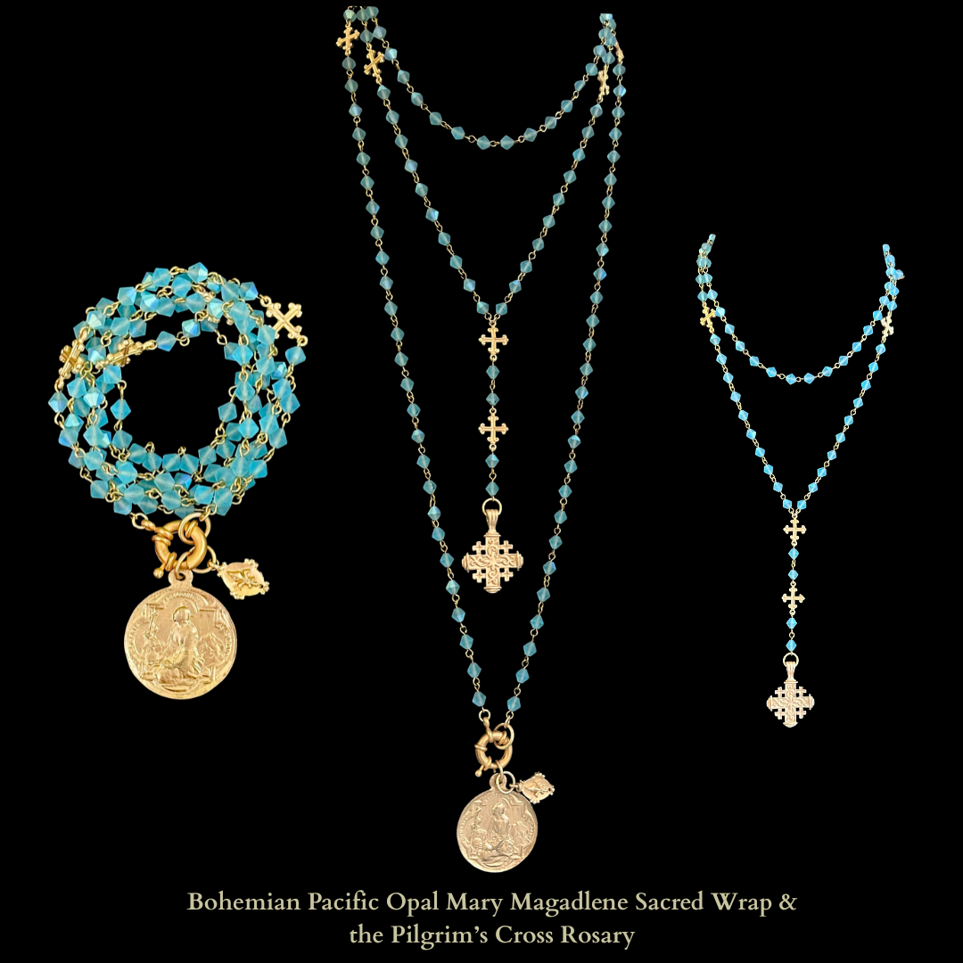 Fleur de Lis Cross Bohemian Pacific Opal Wrap with Mystical Mary Magdalene Necklace / Bracelet