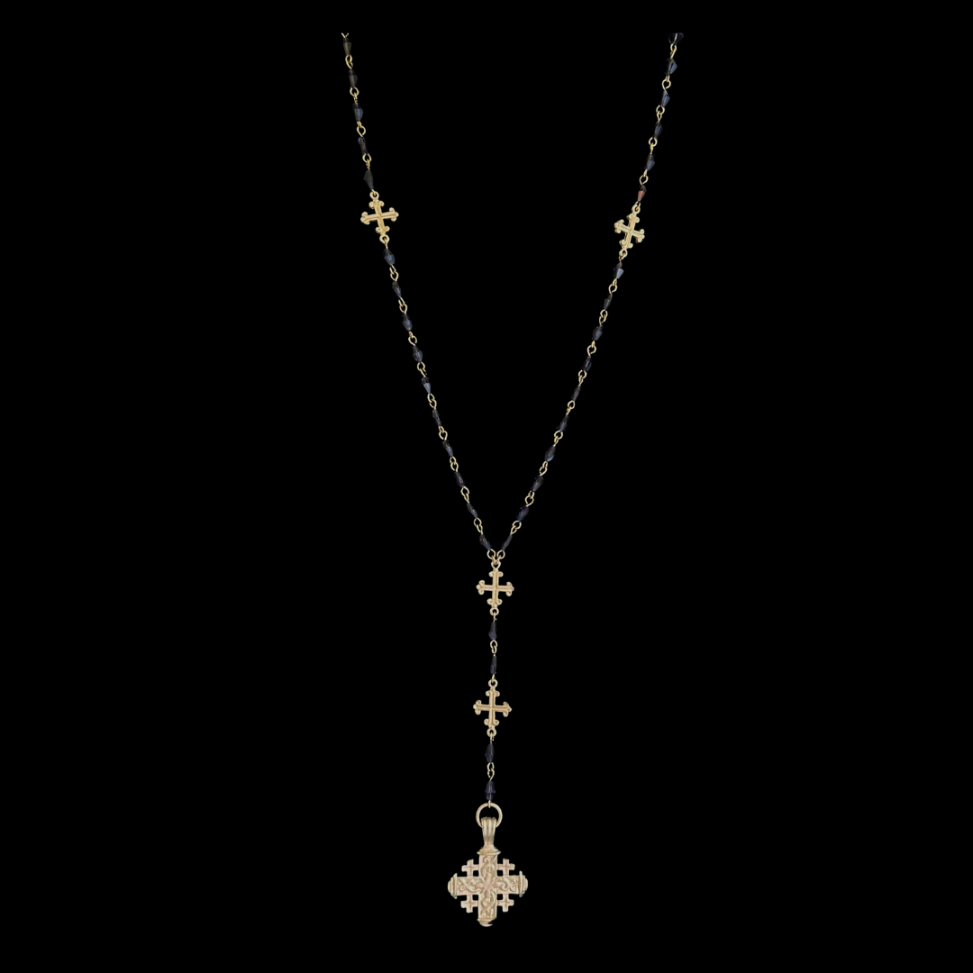 Pilgrims Cross Fleur de Lis Rosary & Necklace in Bohemian Tanzanite - Gold