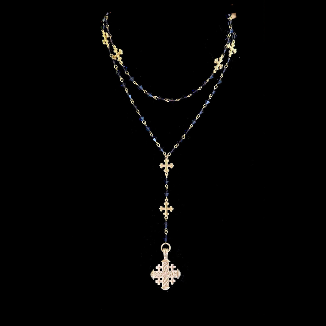 Pilgrims Cross Fleur de Lis Rosary & Necklace in Bohemian Tanzanite - Gold