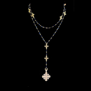 Pilgrims Cross Fleur de Lis Rosary & Necklace in Bohemian Tanzanite - Gold