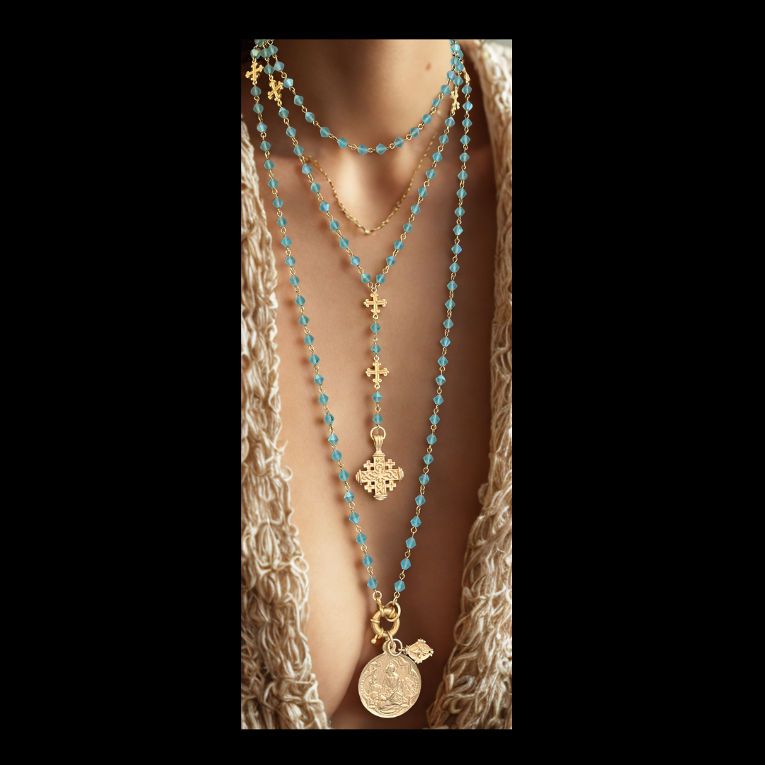 Pilgrims Cross Fleur de Lis Rosary & Necklace in Bohemian Pacific Opal - Gold