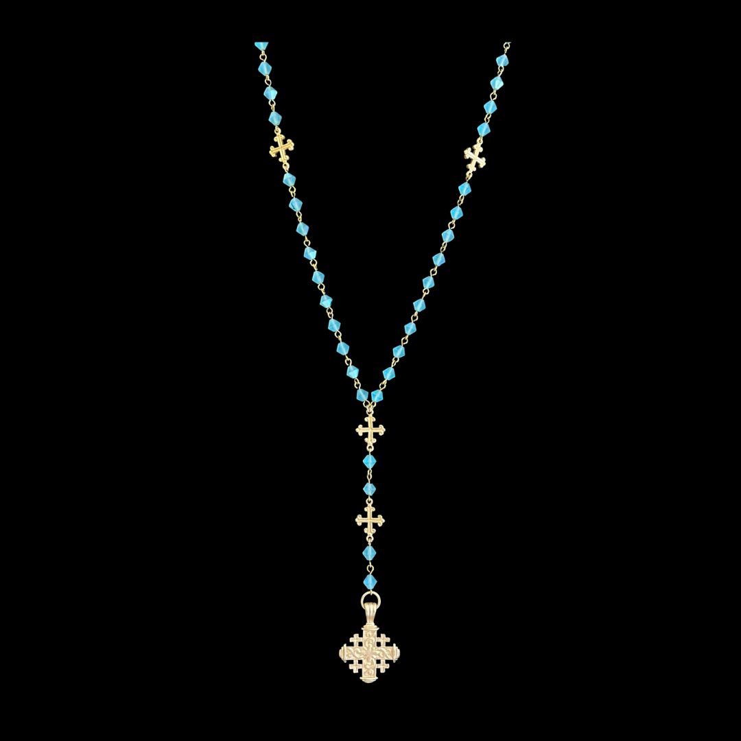Pilgrims Cross Fleur de Lis Rosary & Necklace in Bohemian Pacific Opal - Gold