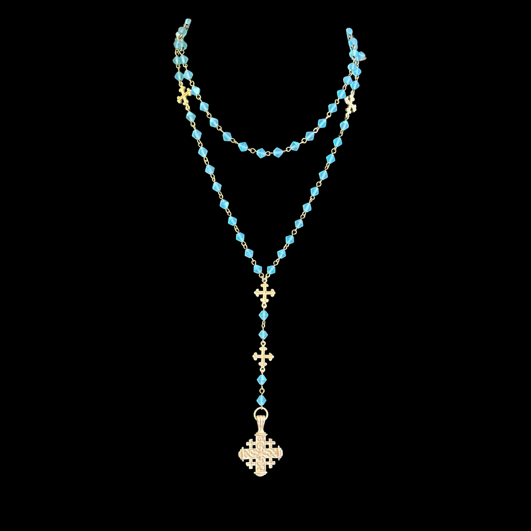 Pilgrims Cross Fleur de Lis Rosary & Necklace in Bohemian Pacific Opal - Gold