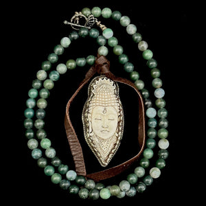 Limited Edition  Carved Repousse Tibetan Silver Buddha in Matte Moss Agate Necklace