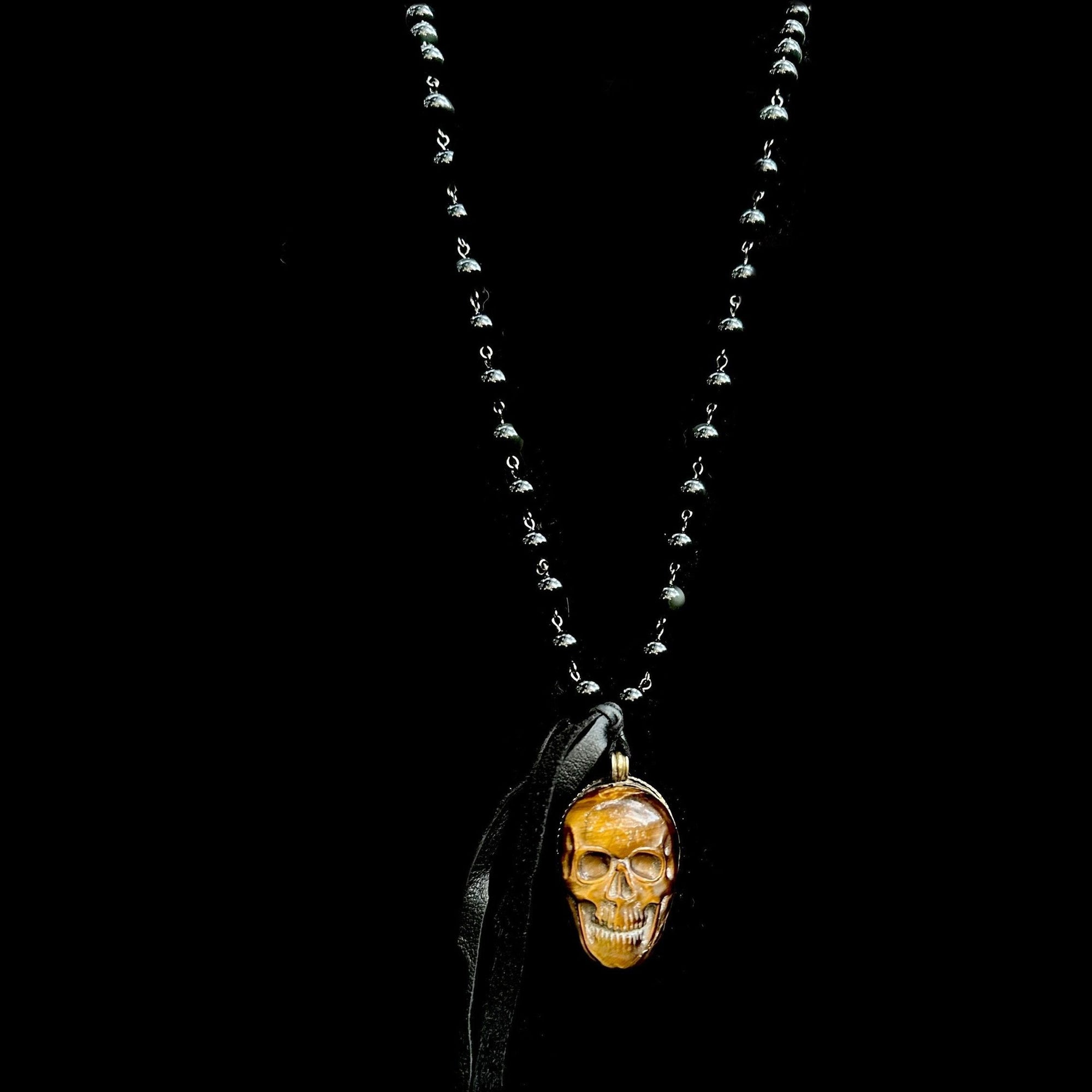 One of a Kind Tiger Eye Skull Necklace on Rainbow Obsidian Necklace