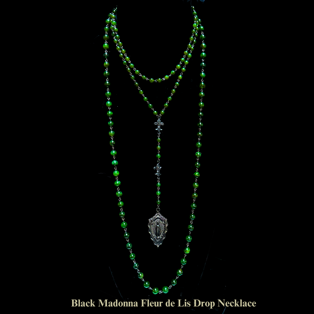 Black Madonna Fleur de Lis Drop Necklace in Canadian Jade