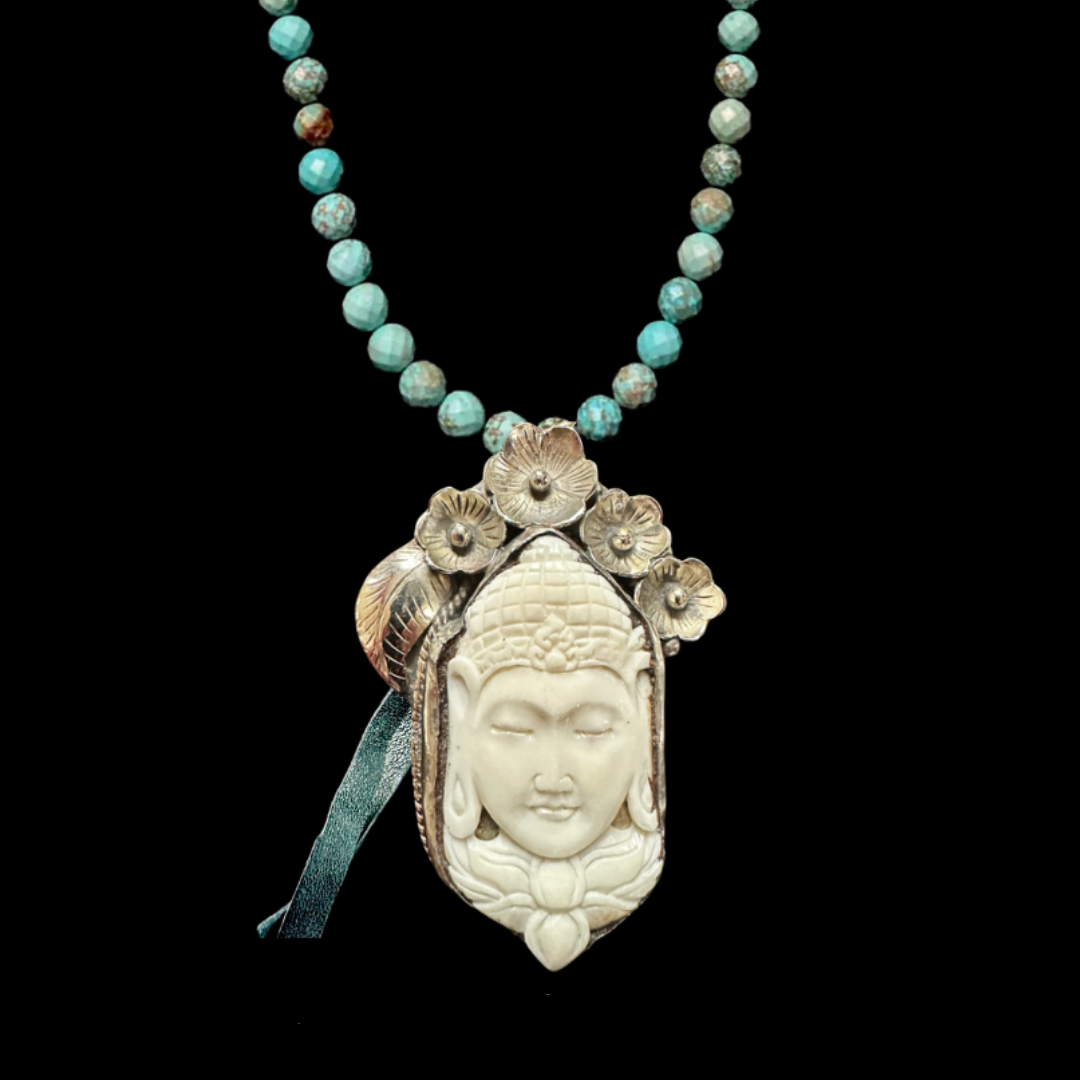 Limited Edition  Carved Repousse Silver Buddha in Faceted Turquoise Necklace
