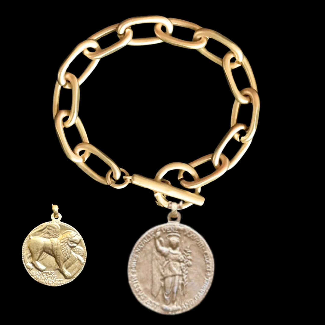 Winged Lion & Archangel Gabriel Link Bracelet - Gold