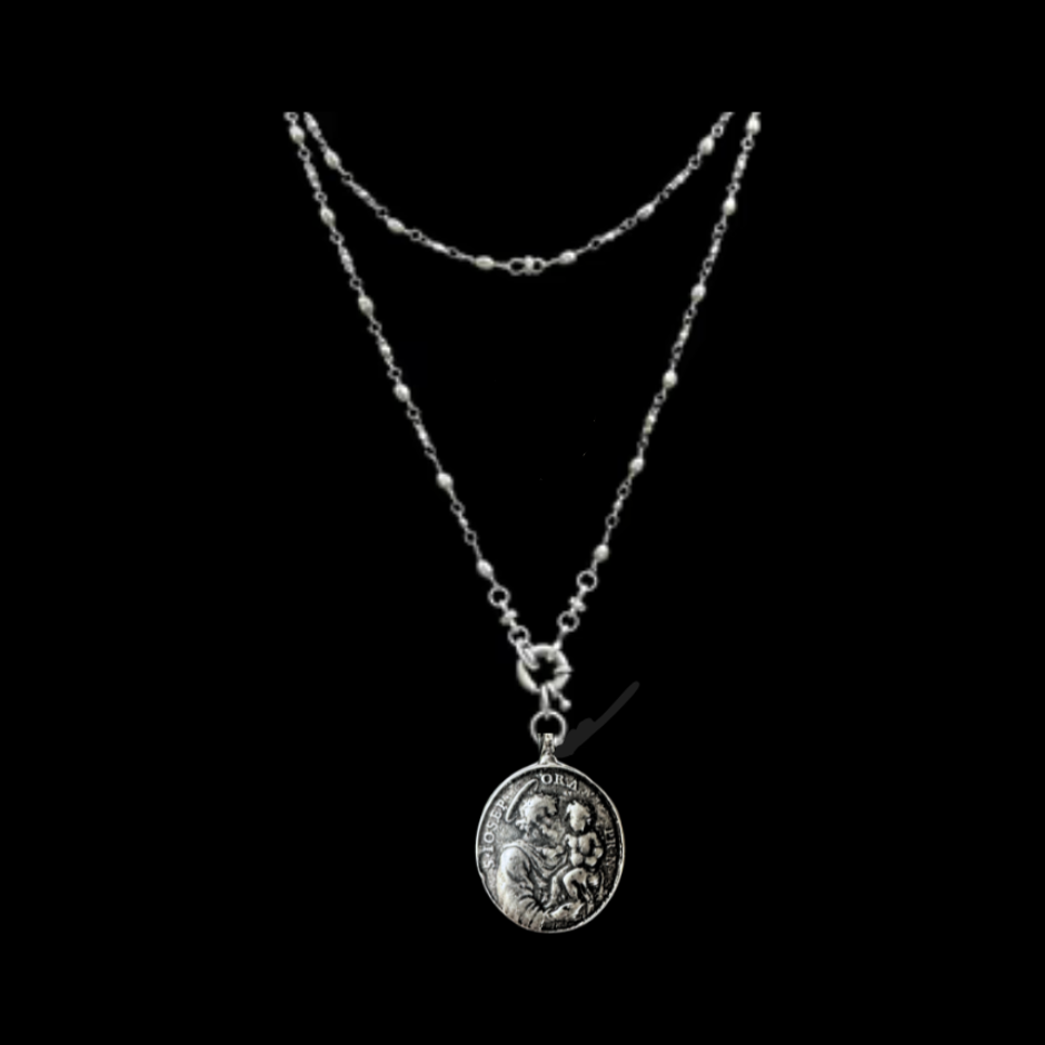 Saint Joseph and Our Lady of Guadalupe Bead Chain Necklace - Silver