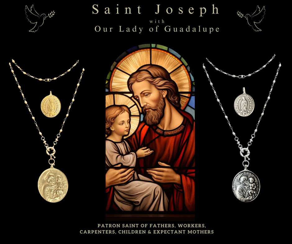 Saint Joseph & Our Lady of Guadalupe Fancy Etched Cable Chain Bracelet - Silver