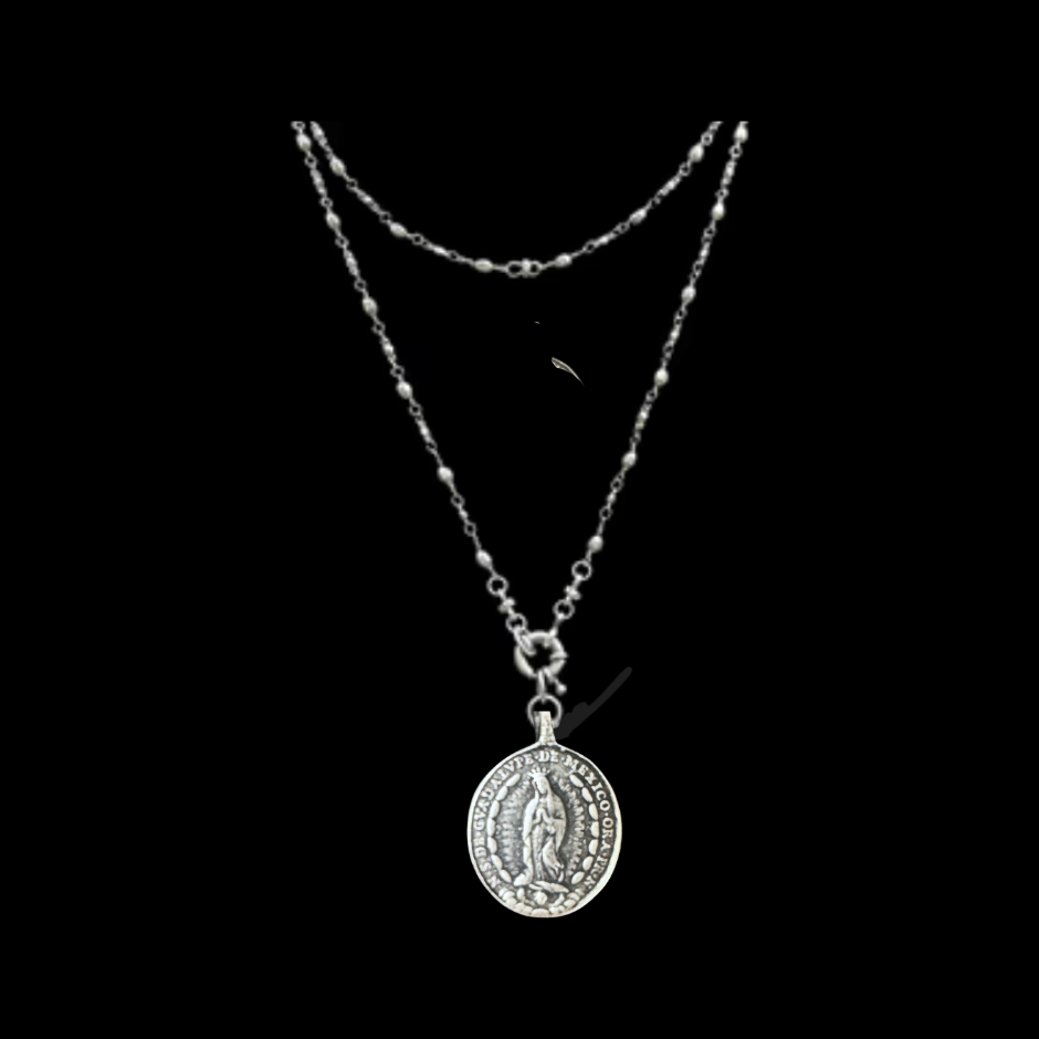 Saint Joseph and Our Lady of Guadalupe Bead Chain Necklace - Silver