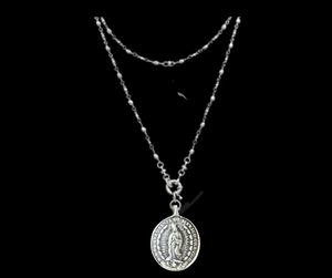 Saint Joseph and Our Lady of Guadalupe Bead Chain Necklace - Silver