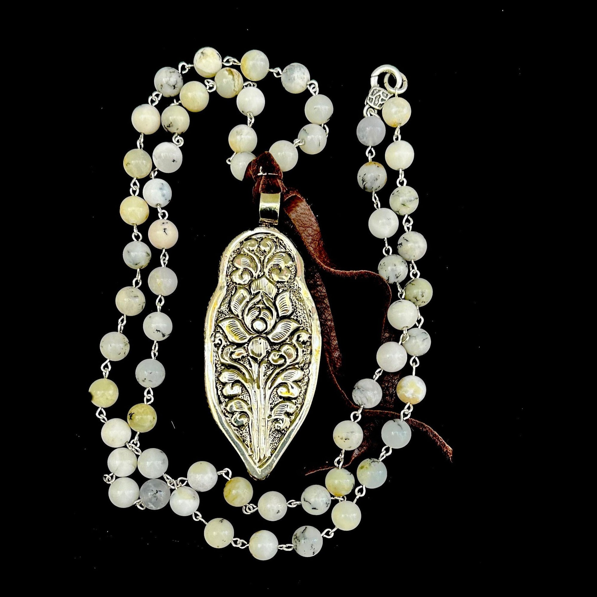 Limited Edition  Carved Repousse Tibetan Silver Buddha in Dendritic Opal Necklace