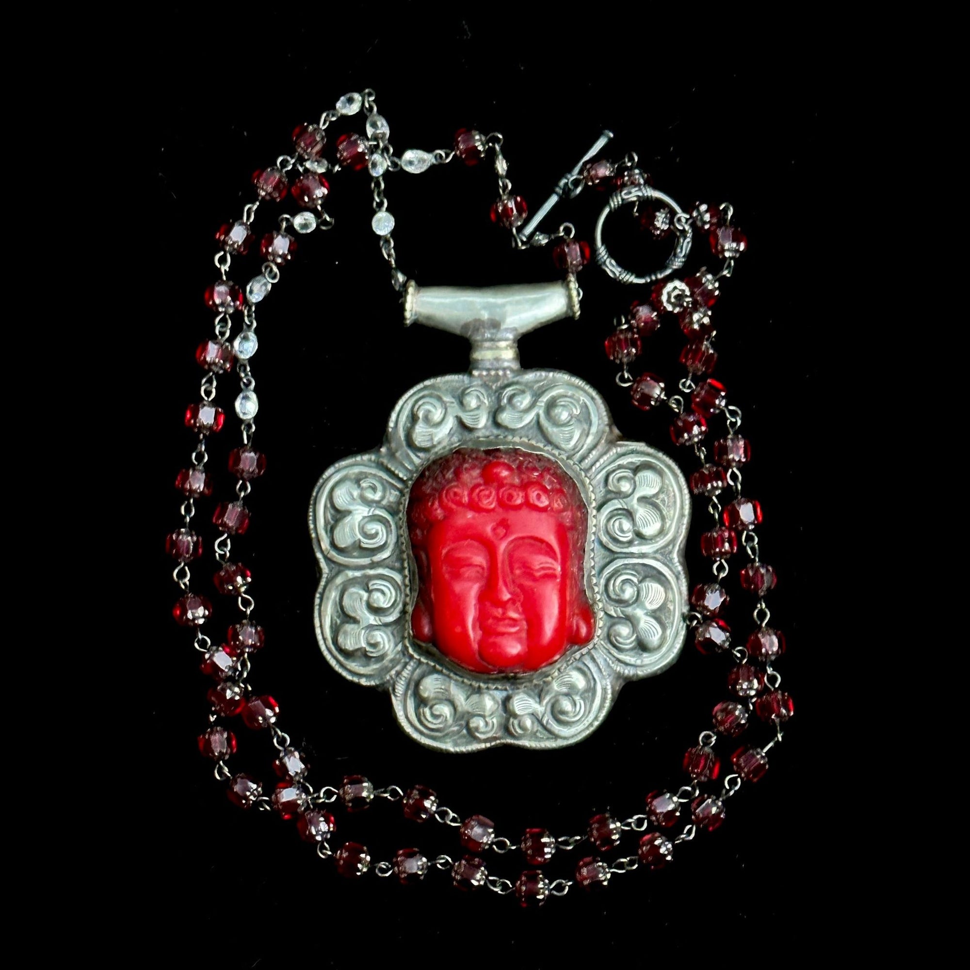 One of a Kind  Repousse Silver Red Buddha with Red Cathedral Beads & Crystals Necklace