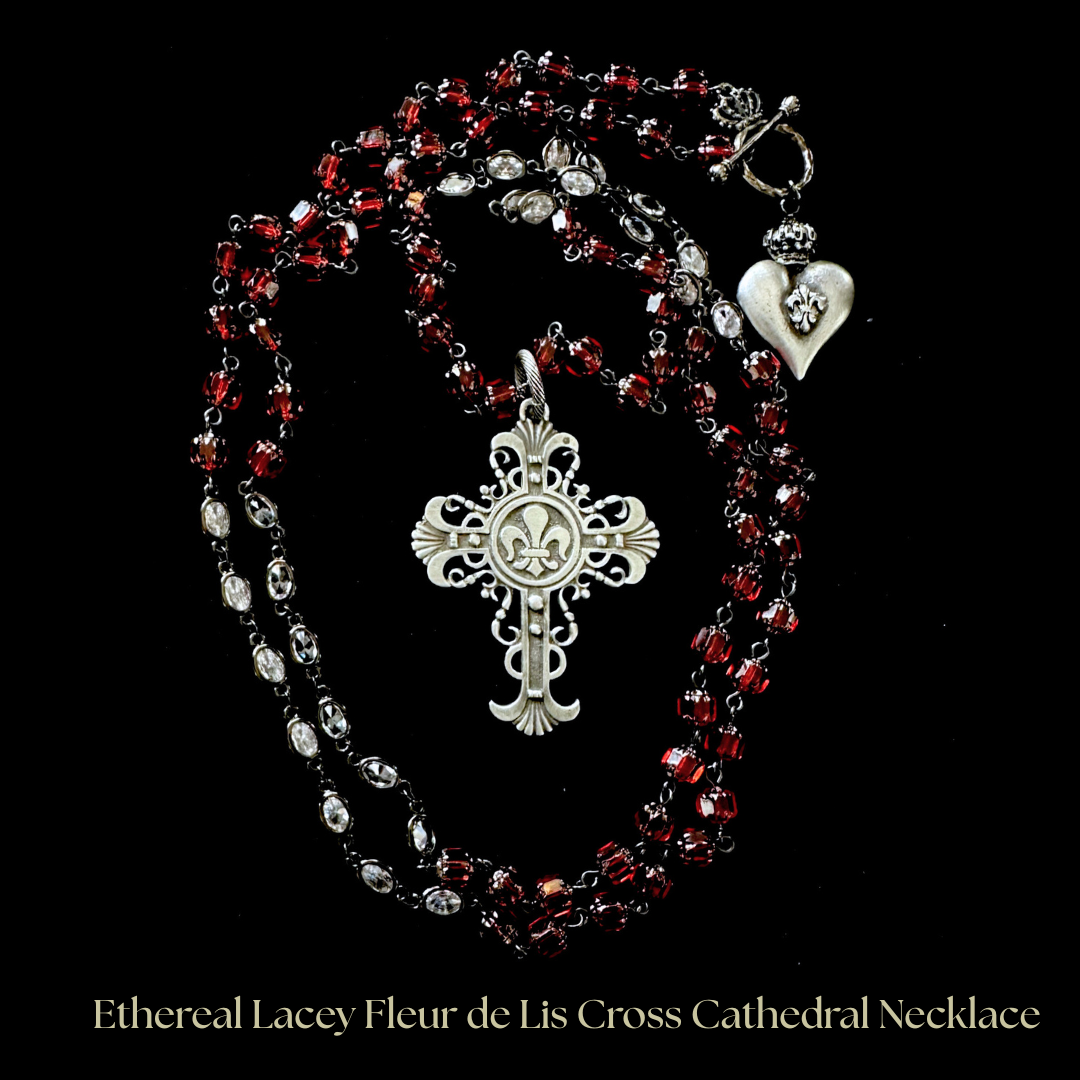 Ethereal Lacey Fleur de Lis Cross Necklace in Ruby
