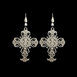 Ethereal Lacey Fleur de Lis Cross Earrings in Black Jet