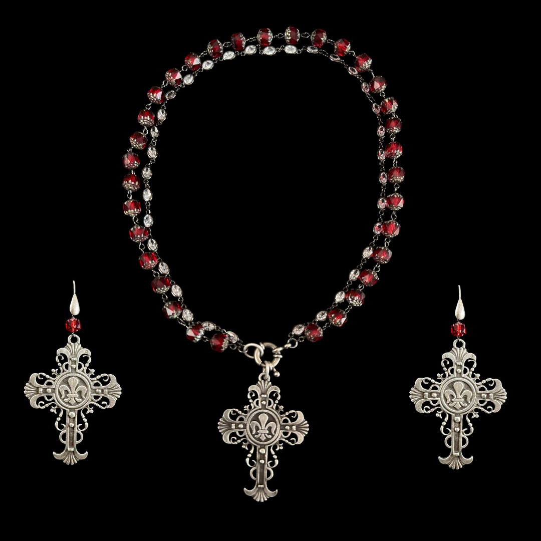 The Ethereal Lacey Fleur de Lis Cross Necklace with Channel Set Crystals