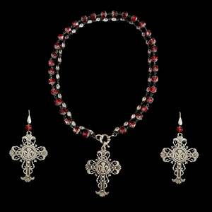 Ethereal Lacey Fleur de Lis Cross Earrings in Ruby Red