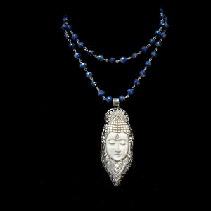 Limited Edition  Carved Repousse Silver Buddha in Faceted Lapis Lazuli Topaz Necklace