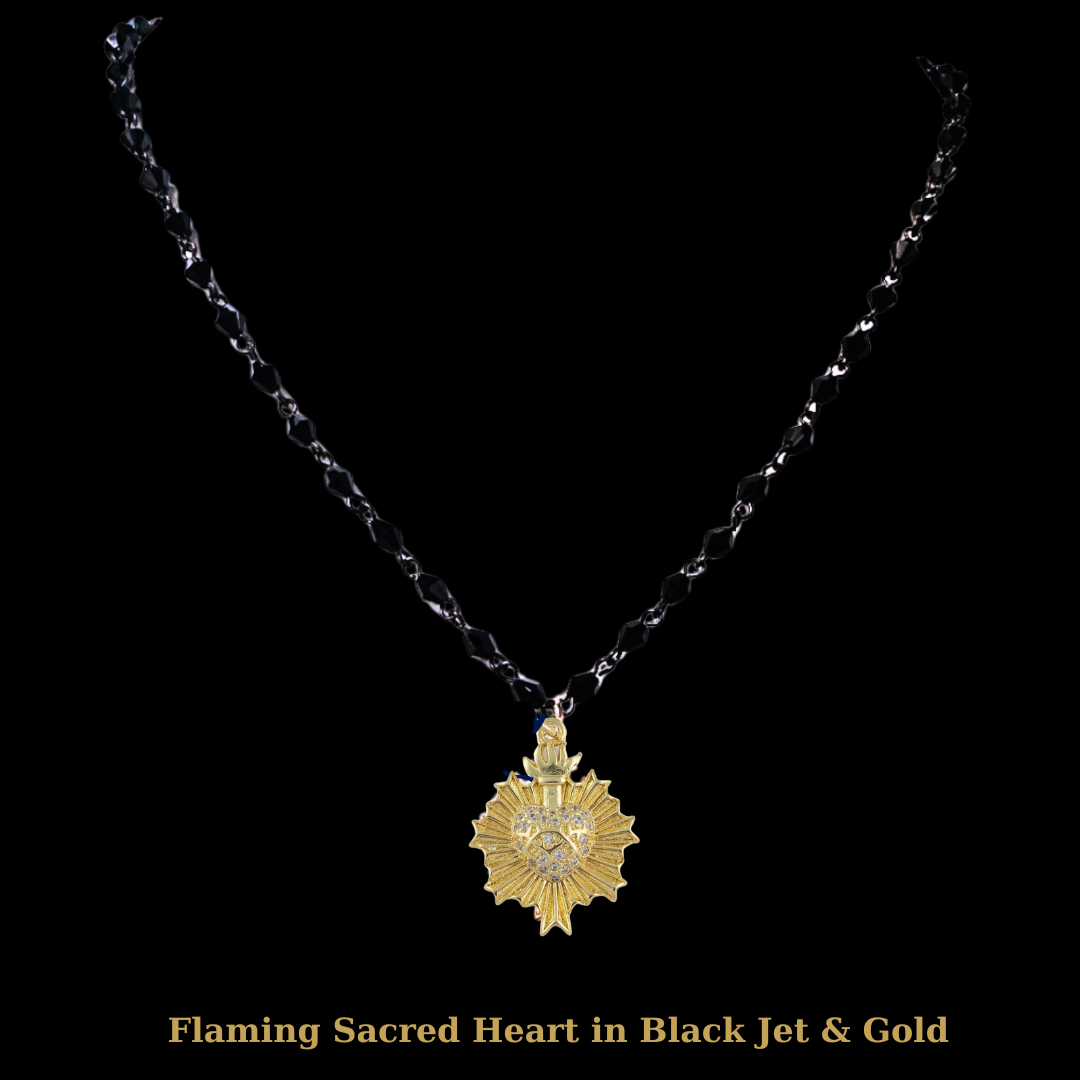 Flaming Sacred Heart Necklace in Black Jet & Gold by Whispering Goddess