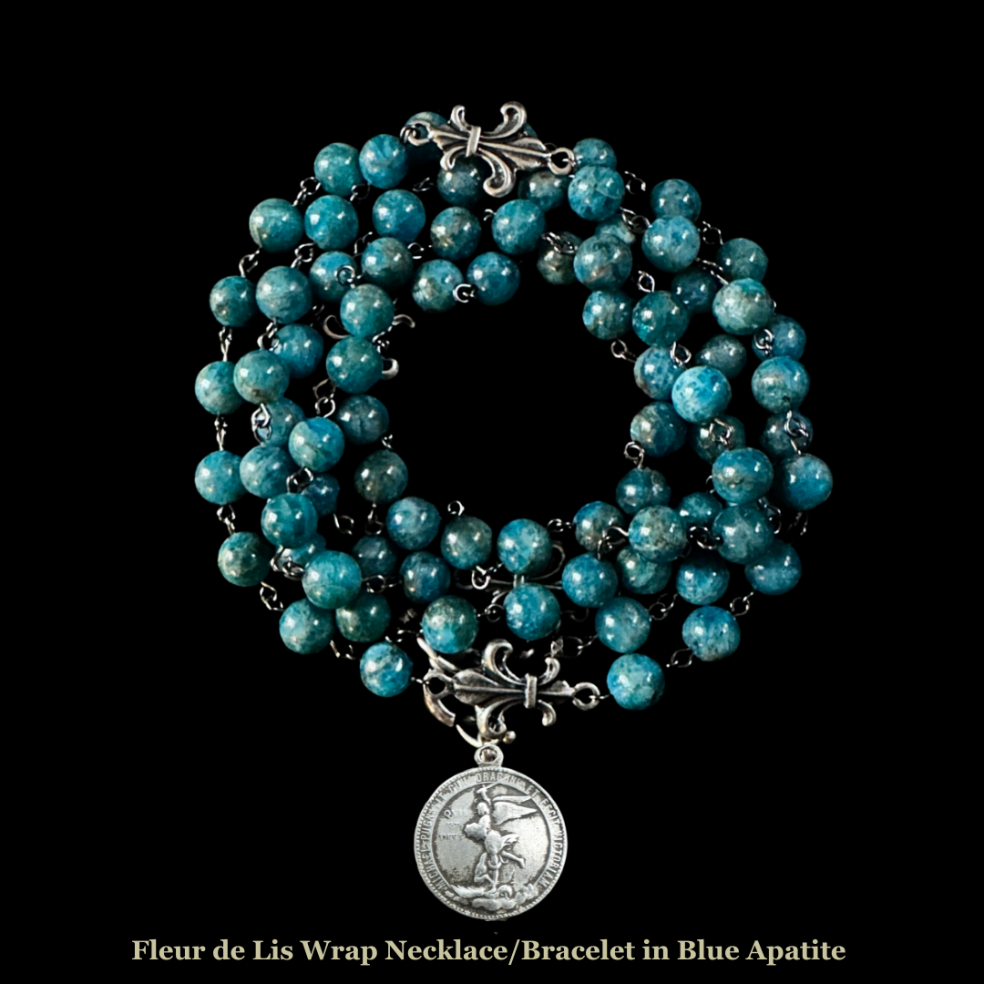 Quis ut Deus? French Saint Michael with Fleur de Lis Blue Apatite Wrap Necklace/Bracelet