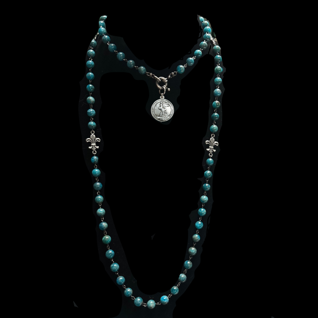 Quis ut Deus? French Saint Michael with Fleur de Lis Blue Apatite Wrap Necklace/Bracelet