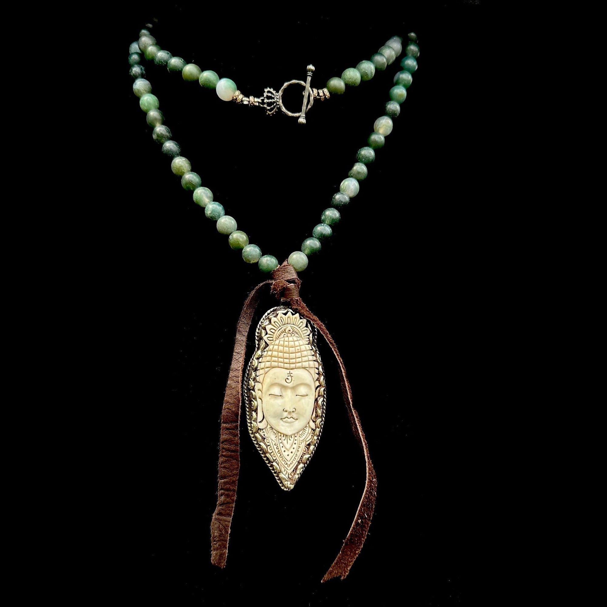 Limited Edition  Carved Repousse Tibetan Silver Buddha in Matte Moss Agate Necklace