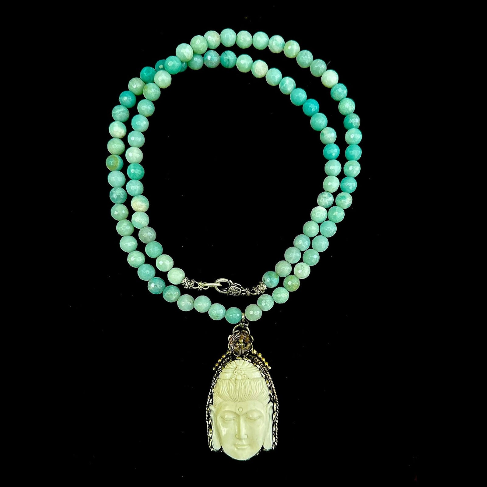 Limited Edition  Carved Repousse Silver Buddha in Faceted Amazonite Necklace