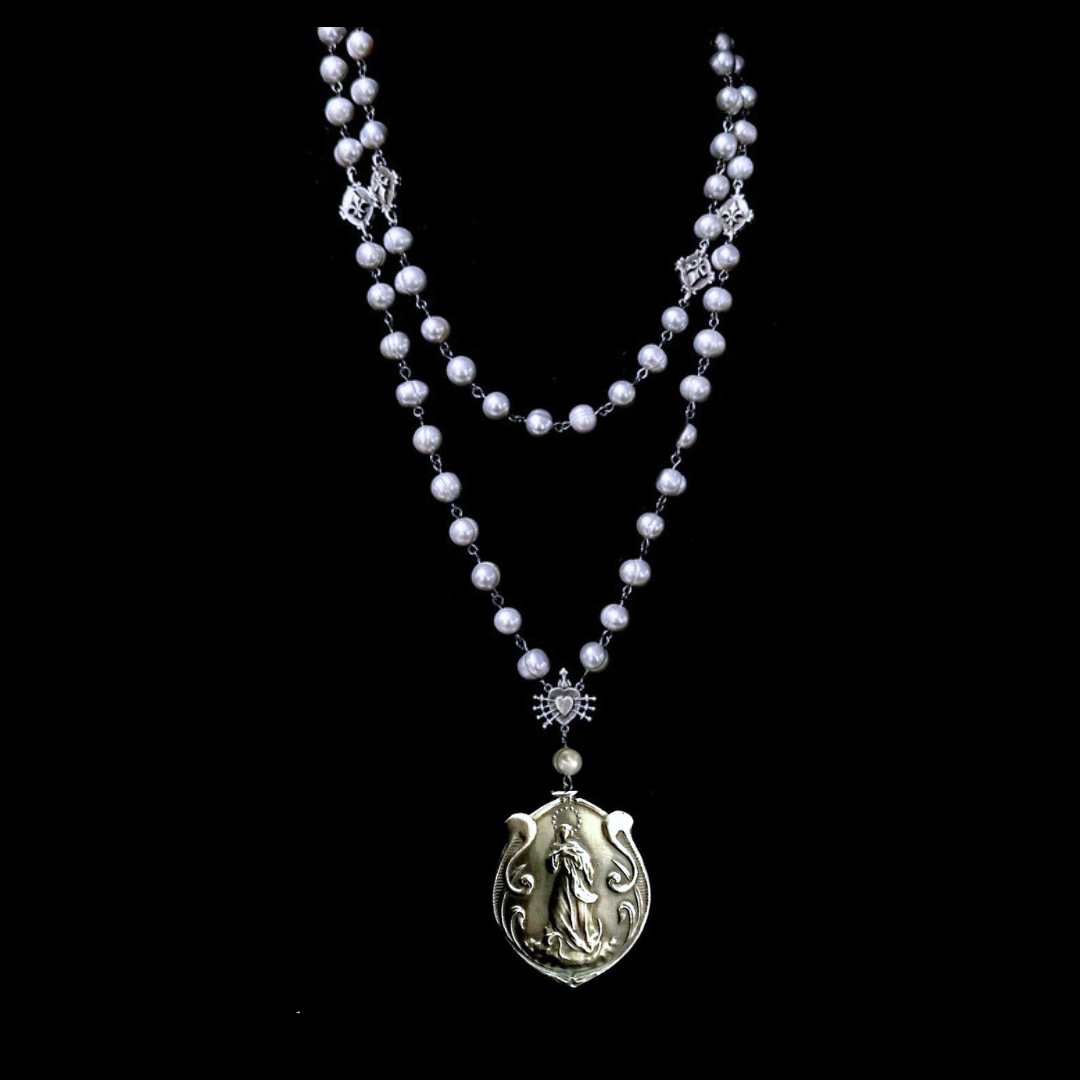 Moonglow Madonna Rosary Silver Freshwater Pearl Necklace