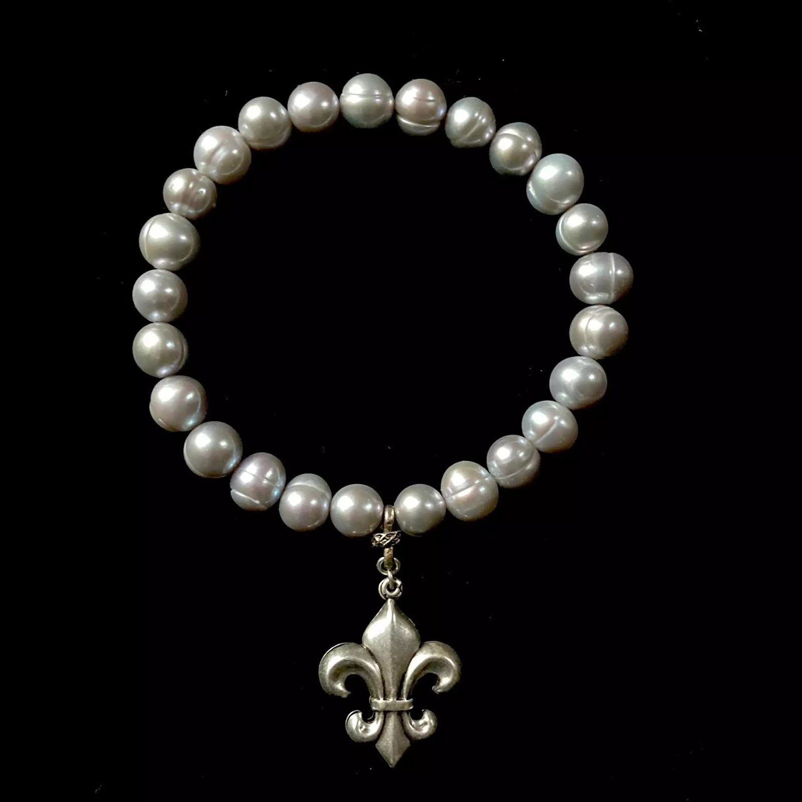 Triple Strand Moonglow Fleur de Lis Silver Freshwater Pearls Enlightenment Bracelet