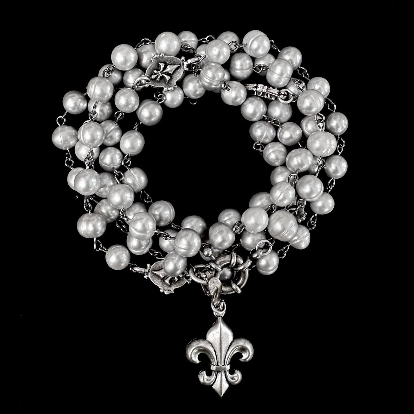 Moonglow Tiny Fleur de Lis Wrap Silver Freshwater Pearl Necklace / Wrap Bracelet  by Whispering Goddess