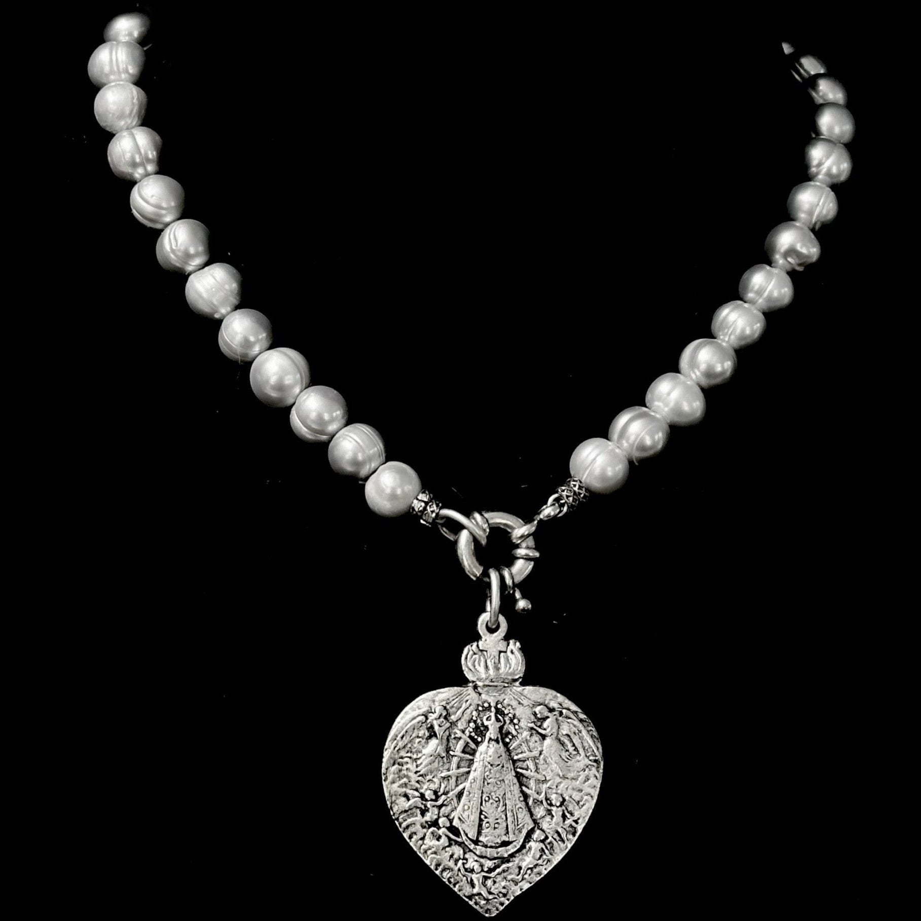 Moonglow Freshwater Pearl Our Lady of Lujan Necklace - Silver
