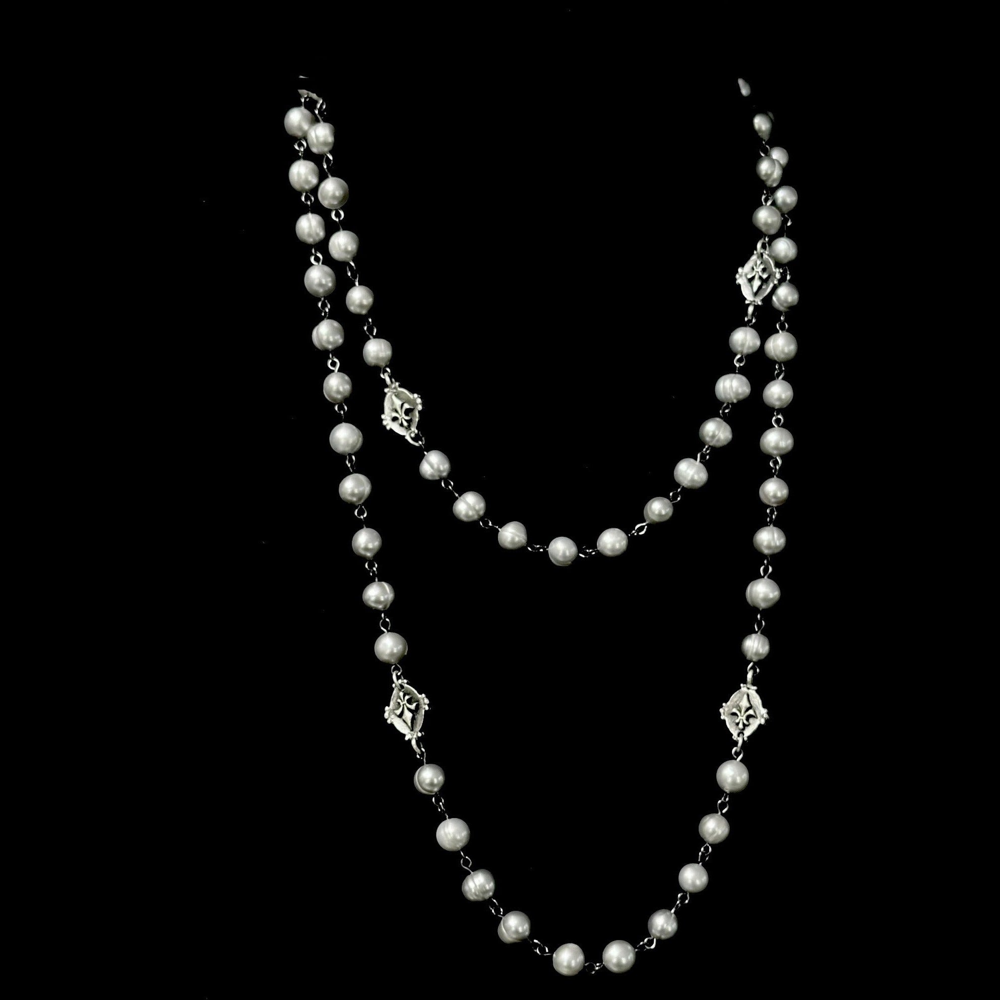 Moonglow Tiny Fleur de Lis Wrap Silver Freshwater Pearl Necklace / Wrap Bracelet  by Whispering Goddess