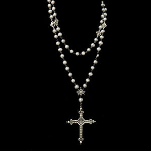 Moonglow Sacred Heart Cross Rosary Silver Freshwater Pearl Necklace by Whispering Goddess