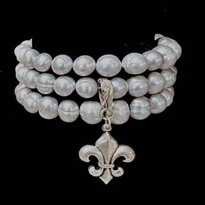Triple Strand Moonglow Fleur de Lis Silver Freshwater Pearls Enlightenment Bracelet