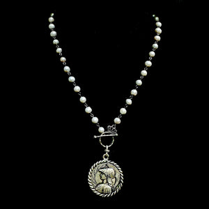 Moonglow Freshwater Pearl Goddess Athena & Wisdom Owl Medallion Chain Necklace  in Silver