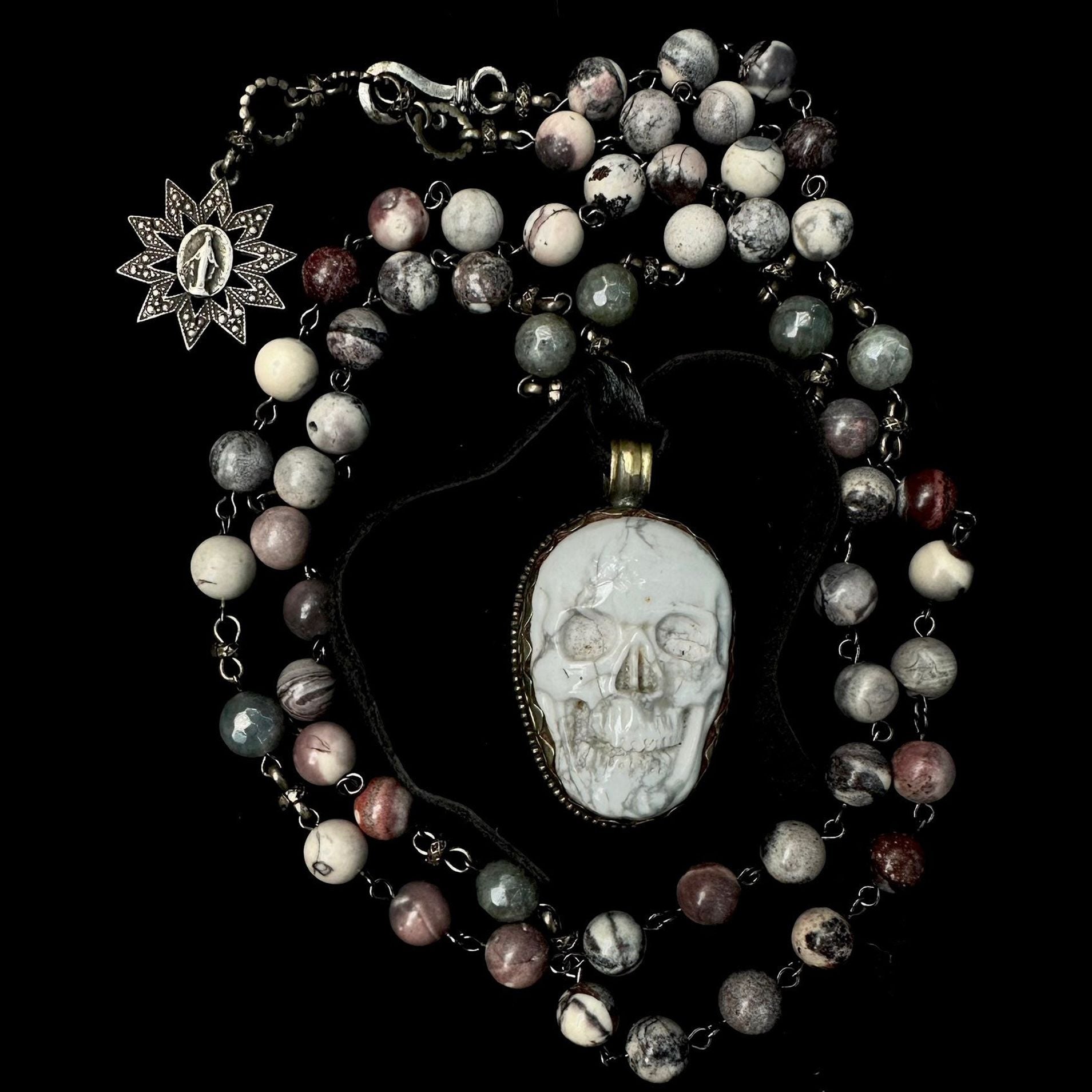 One of a Kind Howlite Skull Necklace in Porcelain Jasper Necklace