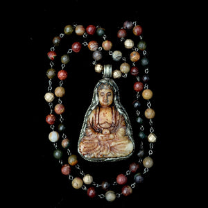 One of a Kind  Carved Repousse Silver Buddha in Red Creek Jasper  Necklace