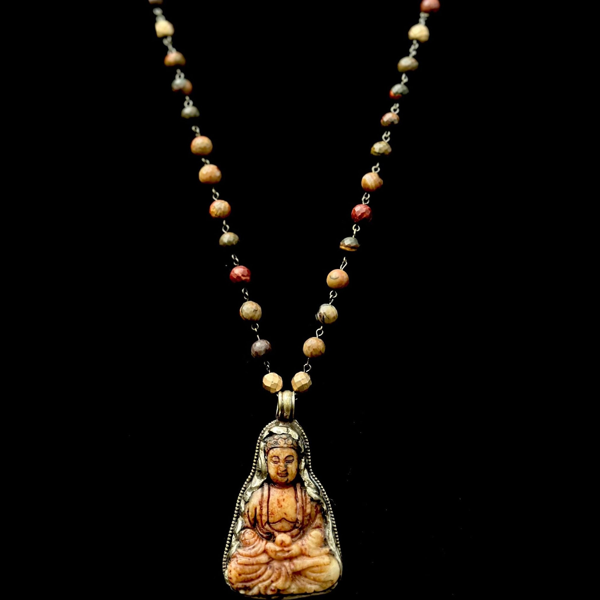 One of a Kind  Carved Repousse Silver Buddha in Red Creek Jasper  Necklace