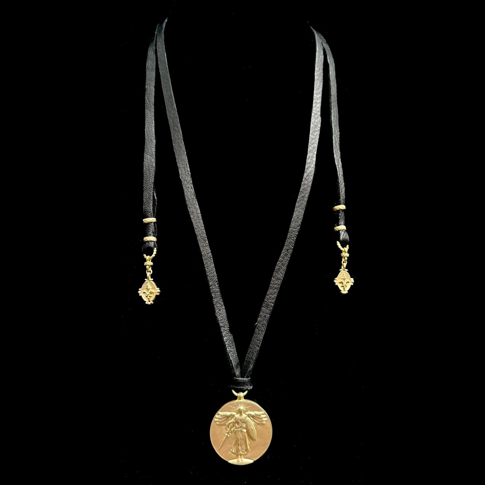 Saint Michael Black Deerskin Necklace in Gold