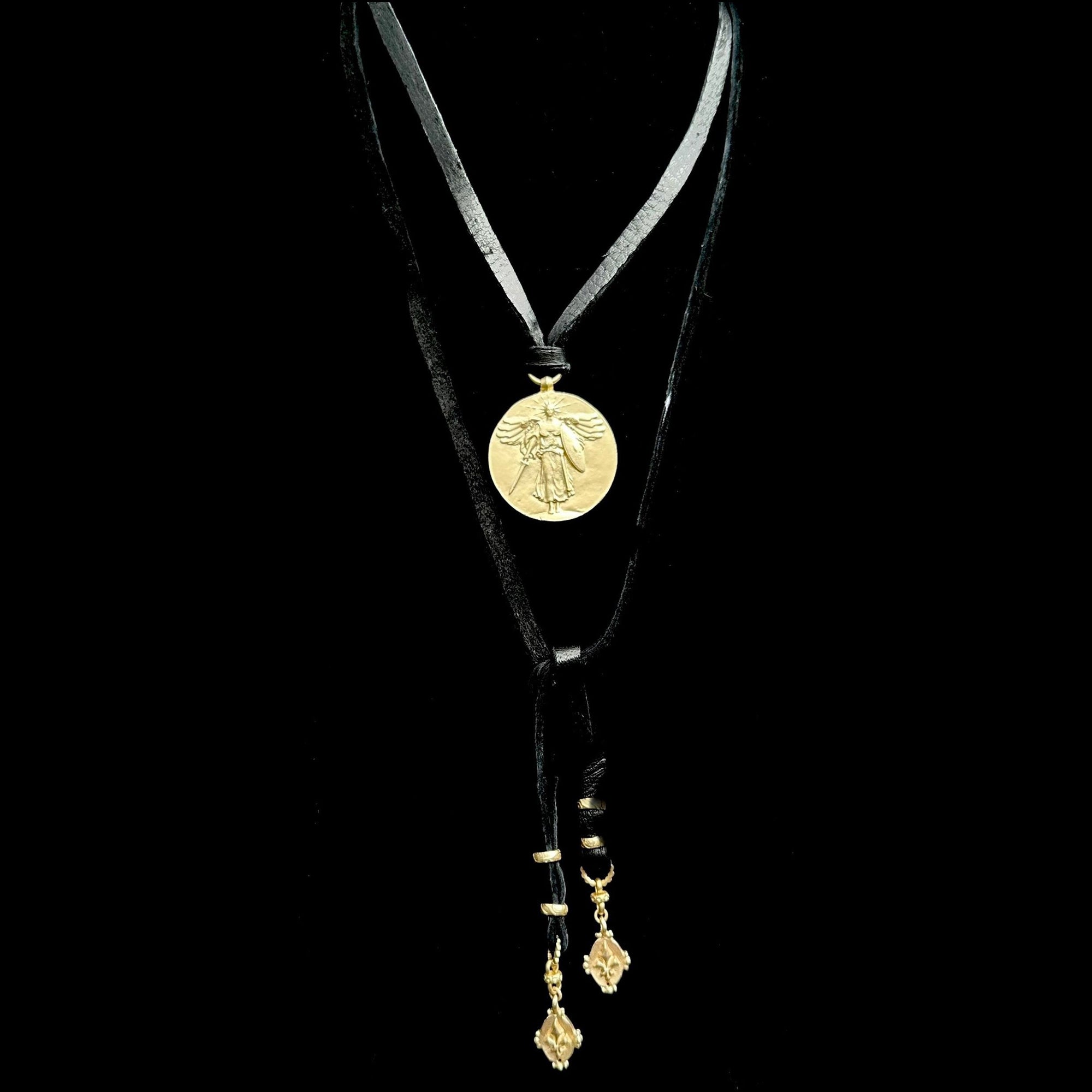Saint Michael Black Deerskin Necklace in Gold